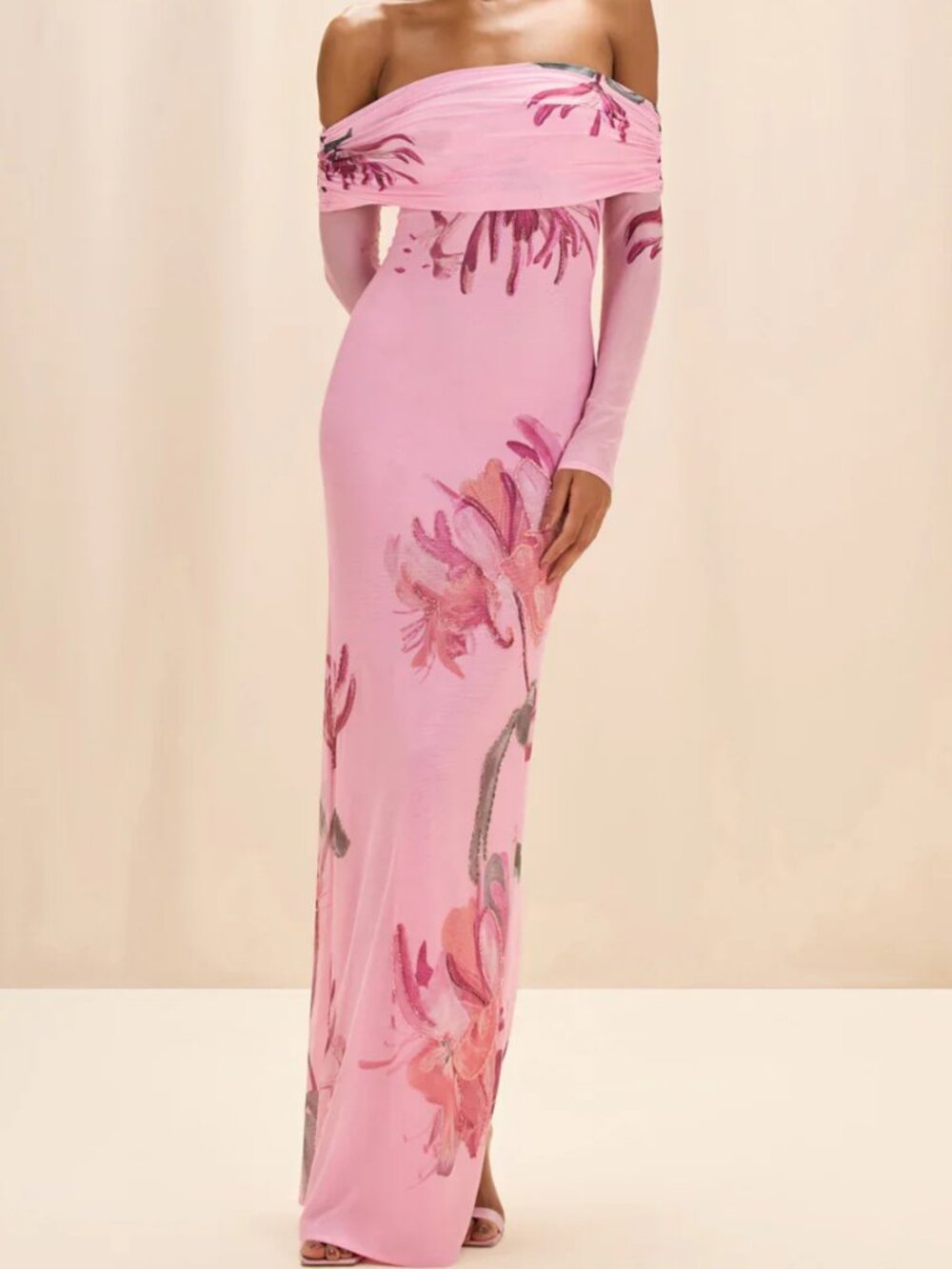 PatBO Honey Flower Tulle Maxi Off The Shoulder Dress In Pink - Size 2 - NWT